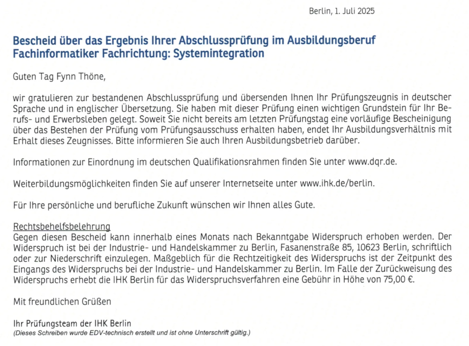 IHK-Bescheid zur bestandenen Abschlussprüfung Fachinformatiker für Systemintegration.