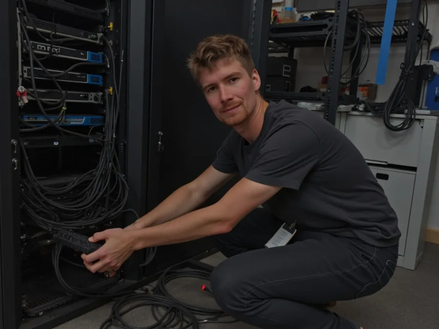 Fynn vor einem Serverschrank mit Patchpanel-Verkabelung.